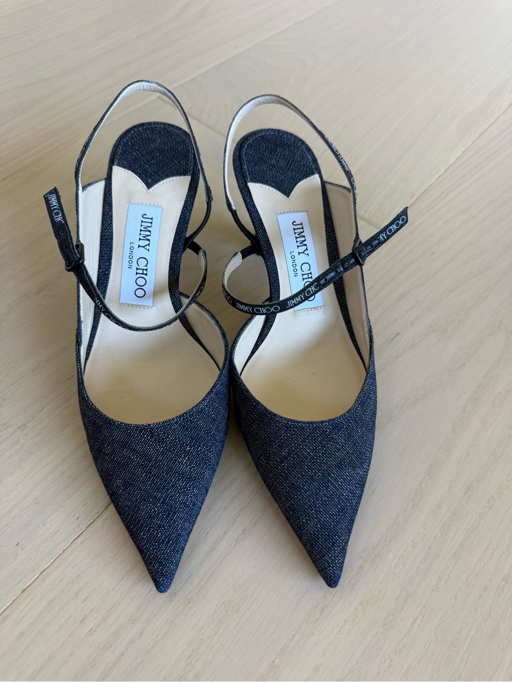 Jimmy Choo Navy Denim Pointed Slingback Pumps